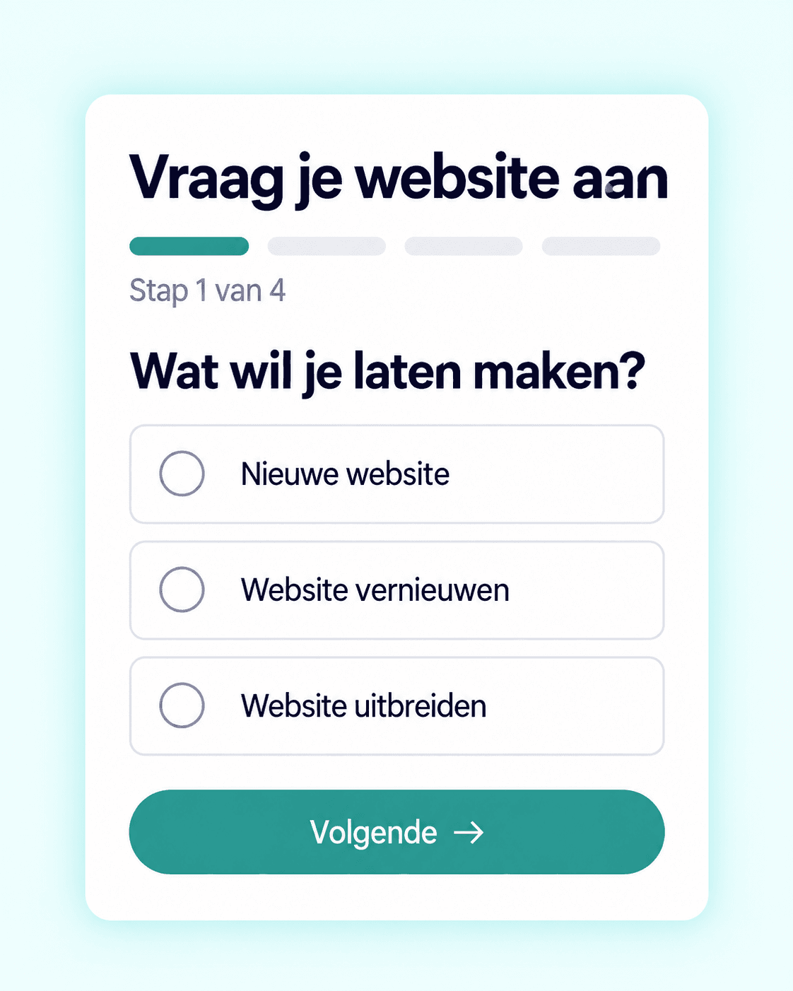 Mobile request form with choices for a new website, redesign or expansion.