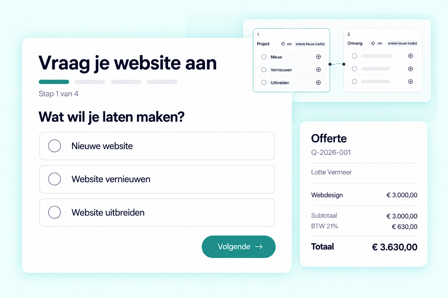 Configurator with question builder and an automatically assembled quote.