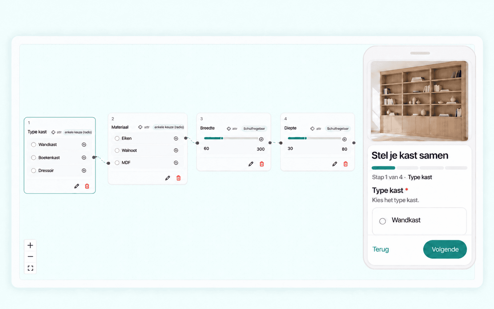 Form builder for a custom cabinet, with material choices, dimensions and a customer preview.